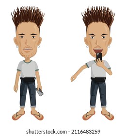 Hipster man cartoon characters with modern hairstyles and minimal dressing with joyful gesture when he see smartphone or phone isolated on white background