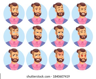 Hipster man character avatar emoticon set. Winking, yawning, frowning, falling in love, surprised, shocked, crying, distrustful, angry, cunning, smiling male facial positive negative emotion set