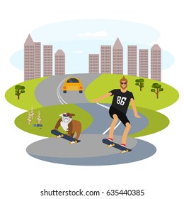 Hipster man character with beard and his dog riding longboard skateboard. Vector illustration eps 10