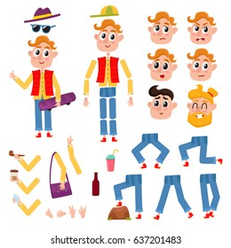 Hipster man character creation set with different gestures and emotions, cartoon vector illustration on white background. Funny hipster, young man creation set, moving arms, legs, animation ready