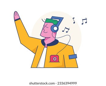 Hipster Man character is listening to his favourite song in headphones