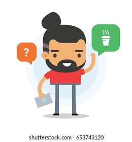 Hipster Man Character Pointing and Presenting about coffee and lifestyle.  Vector Illustration