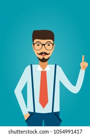 Hipster man character pointing . Vector Illustration.
