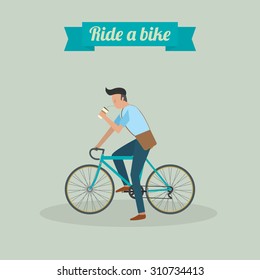 hipster man character riding a bike and drinking water vector illustration