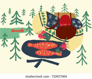 hipster man cooking fish while camping outdoor life vector illustration