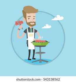 Hipster man cooking meat on the barbecue grill. Young man preparing steak on the barbecue grill. Man having outdoor barbecue. Vector flat design illustration in the circle isolated on background.