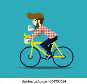 Hipster man cycling his fixie bike. flat design character. vector illustration