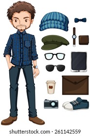 Hombre hipster y diferentes objetos personales