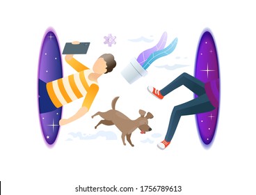 Hipster Man With Dog Flying Through The Portal. Fantasy Teleport. Online Computer Game Concept. Modern Style Vector Illustration For Landing Page, Website, Banners And Presentation. Creative Concept.