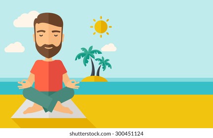 A hipster man doing yoga in the beach with his yoga pad under the sun.  Contemporary style with pastel palette, soft blue tinted background with desaturated cloud. Vector flat design illustrations