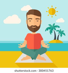 A hipster man doing yoga in the beach with his yoga pad under the sun.  Contemporary style with pastel palette, soft blue tinted background with desaturated cloud. Vector flat design illustrations