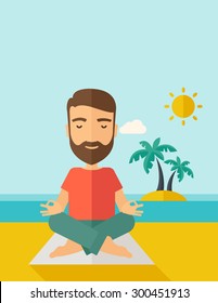 A hipster man doing yoga in the beach with his yoga pad under the sun.  Contemporary style with pastel palette, soft blue tinted background with desaturated cloud. Vector flat design illustrations