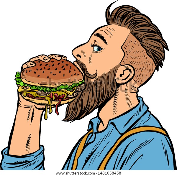 hipster man eating Burger. Pop art retro vector\
stock illustration\
drawing