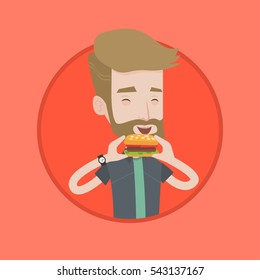 Hipster man eating hamburger. Happy man with eyes closed biting hamburger. Young smiling man is about to eat delicious hamburger. Vector flat design illustration in the circle isolated on background.