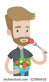 Hipster man eating healthy vegetable salad. Caucasian man enjoying fresh vegetable salad. Man holding fork and bowl with vegetable salad. Vector flat design illustration isolated on white background.