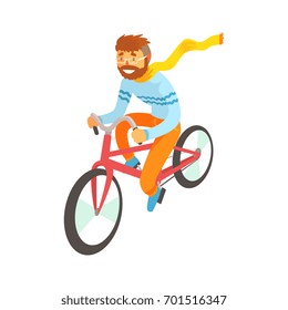 Hipster man enjoying cycling, sport lifestyle, riding, relax cartoon vector Illustration