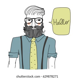 Hipster man with eyeglasses and beard wearing dress shirt with suspenders and tie greeting someone. Vector illustration with hand-drawn style.