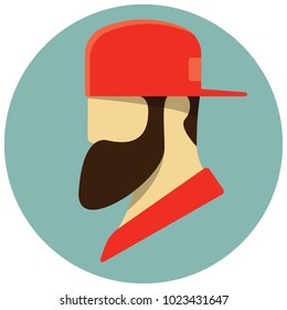 Hipster Man Face with Cap and Beard Icon In Flat Style. Vector Illustration.