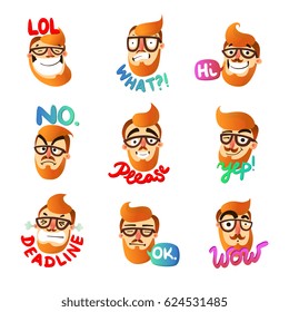 Hipster man face expressing different emotions with speech bubble cartoon isolated on white background vector illustration