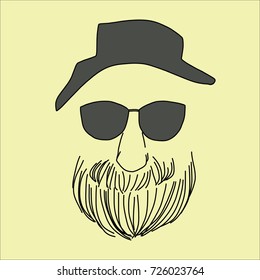 Hipster man face with full thick beard wears sunglasses and hat. Vector illustration with hand-drawn style.