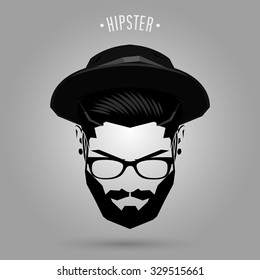 hipster man face with hat on gray background