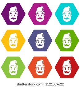 Hipster man face icons 9 set coloful isolated on white for web