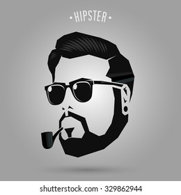 hipster man face with pipe on gray background