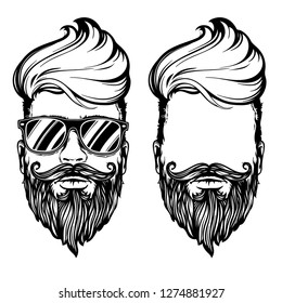 Hipster man face with sunglasses, vector realistic sketch illustration isolated on white background