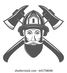 Hipster man in fireman hat with two axe vector illustration in monocrome vintage style. Design elements for logo, label, emblem.