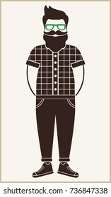 hipster man flat icon silhouette - a man with a mustache, beard and glasses,  wearing an  in a plaid shirt, pants and sneakers. Fashion illustration/Template for card, poster, banner, web-design