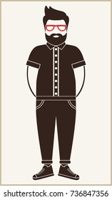 hipster man flat icon silhouette - a man with a mustache, beard and glasses,  wearing an  in a shirt,  pants and  sneakers. Fashion illustration/Template for card, poster, banner, web-design