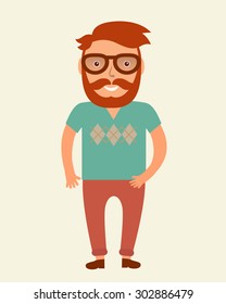 Hipster man. Flat style  young beard smiling boy illustration, in tshirt and chino pants.