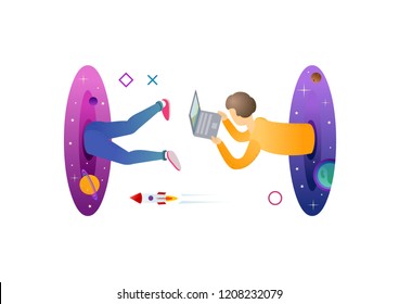 Hipster man flying through the portal. Fantasy teleport. Online computer game concept. Modern style vector illustration for landing page, website, banners and presentation.