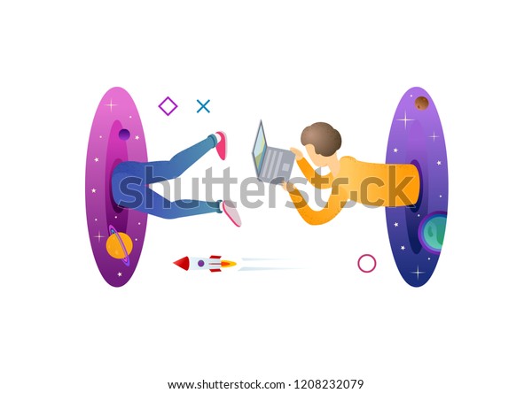 Hipster man flying\
through the portal. Fantasy teleport. Online computer game concept.\
Modern style vector illustration for landing page, website, banners\
and presentation.