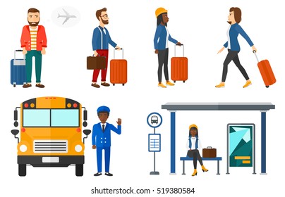 Hipster man frightened by future flight on airplane. Young man suffering from fear of flying. Phobia and fear of flying concept. Set of vector flat design illustrations isolated on white background.