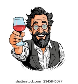 Hombre hipster con un vaso de vino tinto. Ilustración vectorial de historietas