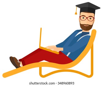 A hipster man in graduation cap lying in chaise long with laptop vector flat design illustration isolated on white background. Vertical layout.