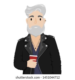 A hipster man with gray hair and a beard in a leather biker jacket with a cup of coffee. Subculture, fashion.