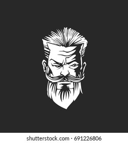 Hipster man, hairstyle, beard and mustache, black background, vector illustration