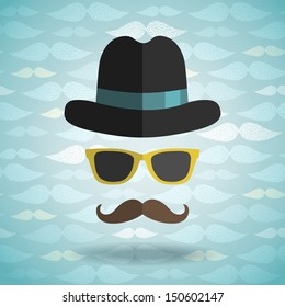 hipster man with hat, glasses, mustache on pattern background