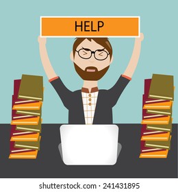Hipster man have a lot of work and need help