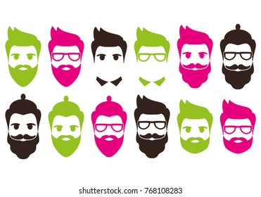 Hipster man head silhouette, flat icon - a man with glasses, mustache and beard. Template for card, poster, banner, web-design, infographics elements.