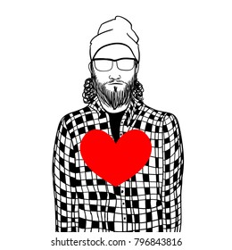 Hipster man holding heart