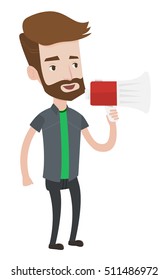 Hipster man holding megaphone. Social media marketing concept. Man promoter speaking into megaphone. Young man advertising using megaphone. Vector flat design illustration isolated on white background