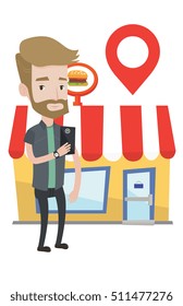 Hipster man holding smartphone with mobile app for looking for restaurant. Young man using smartphone app for searching of restaurants. Vector flat design illustration isolated on white background.