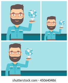 Hipster man holding a smartphone with a model of planet earth above the device. International technology communication concept. Vector flat design illustration. Square, horizontal, vertical layouts.