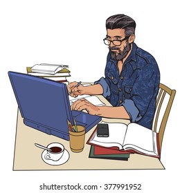 A hipster man in a jeans jacket sits at a table. Writer, journalist, scholar, student write his work in the computer. Work on the Internet. On the table, a lot paperwork. The process of study. Vector 