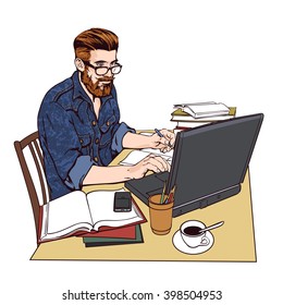 A hipster man in a jeans jacket sits at a table. Writer, journalist, scholar, student write his work in the computer. Work on the Internet. On the table, a lot paperwork. The process of study. Vector 