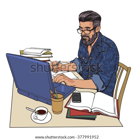 A hipster man in a jeans jacket sits at a table. Writer, journalist, scholar, student write his work in the computer. Work on the Internet. On the table, a lot paperwork. The process of study. Vector 