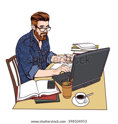 A hipster man in a jeans jacket sits at a table. Writer, journalist, scholar, student write his work in the computer. Work on the Internet. On the table, a lot paperwork. The process of study. Vector 